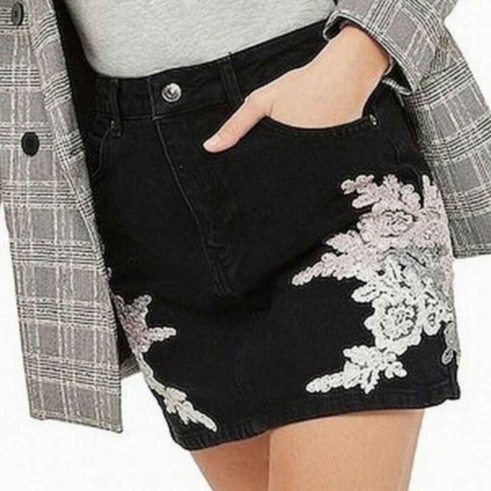 Top Shop Black Floral Applique Mini Denim Skirt 4